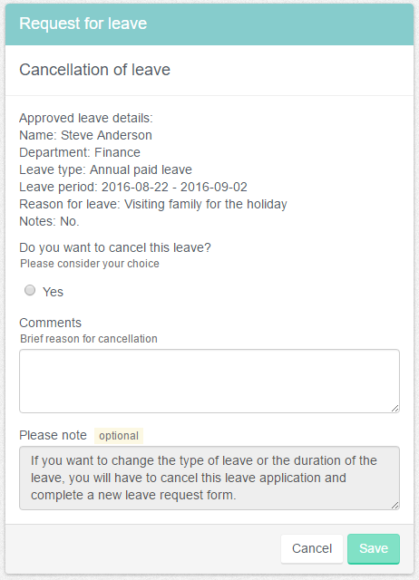 Leave cancellation form
