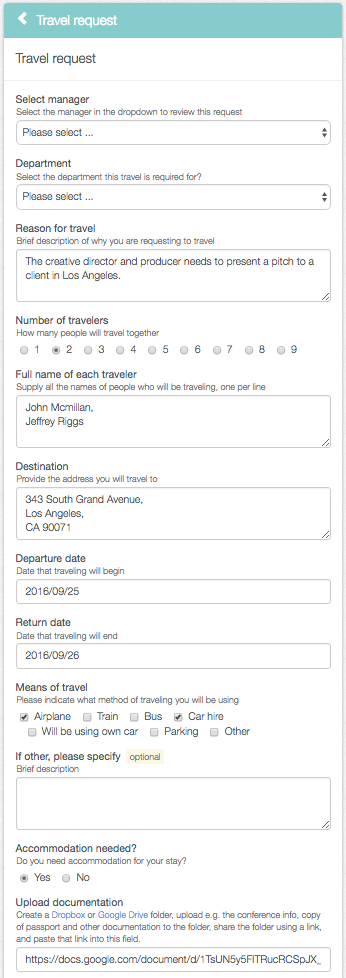 The PA start filling in the travel request form