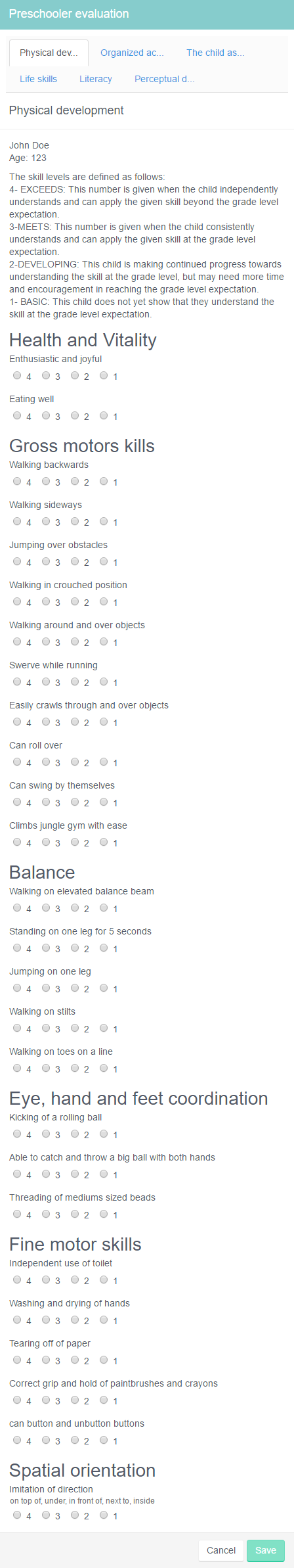 Preschooler evaluation categories