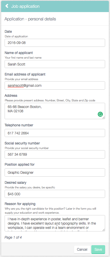 Sarah fills in the job application