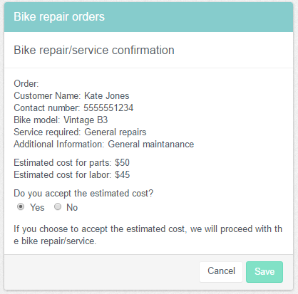 Bike repair/service confirmation