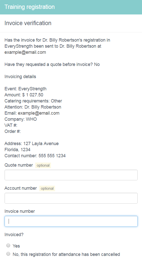 The accounts department inputs all necessary data before confirming that they've sent an invoice externally.