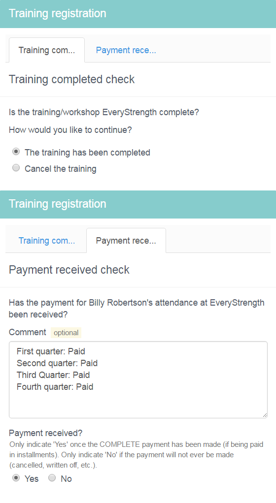 The administrator indicates once the training has been completed, while accounts indicates once the payment has been made.