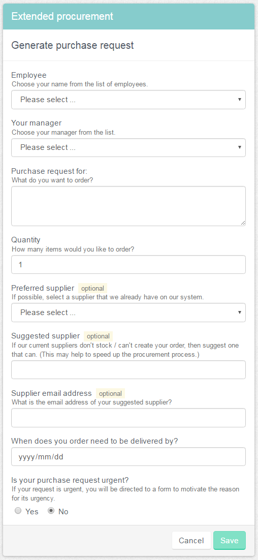 The employee fills in the ‘Generate purchase request’ form.