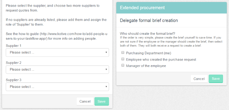 The procurement officer selects three suppliers and then delegates the creation of the formal brief.