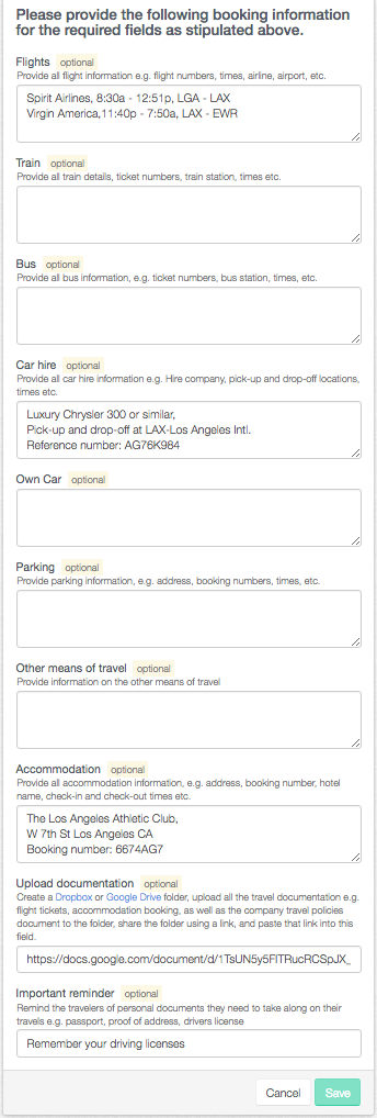 HR logs details of travel for the travel request