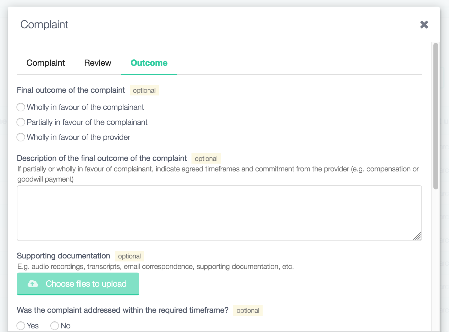 Documenting the outcomes of a Complaint