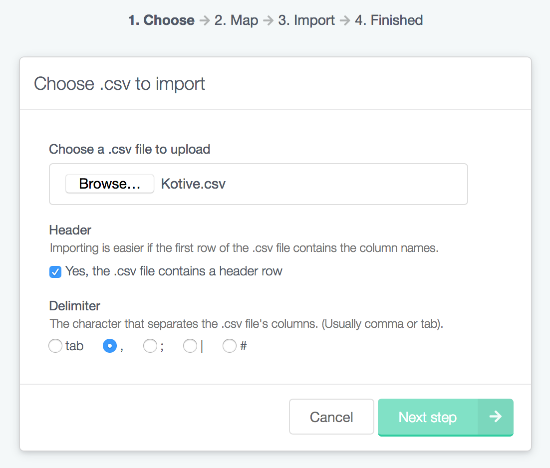 Browse and select your csv to be imported