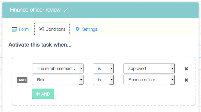 Conditions set to activate the 'Finance officer review' task