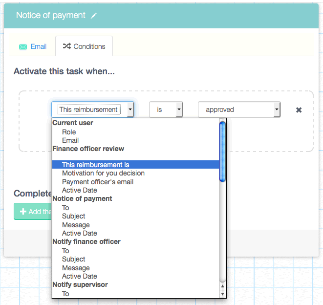 Condition set in the Designer for the task 'Notice of payment'