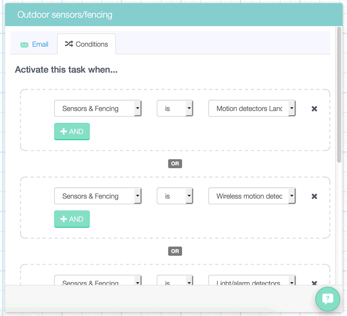 Setting conditions for the 'Outdoor sensors/fencing' email in the Designer