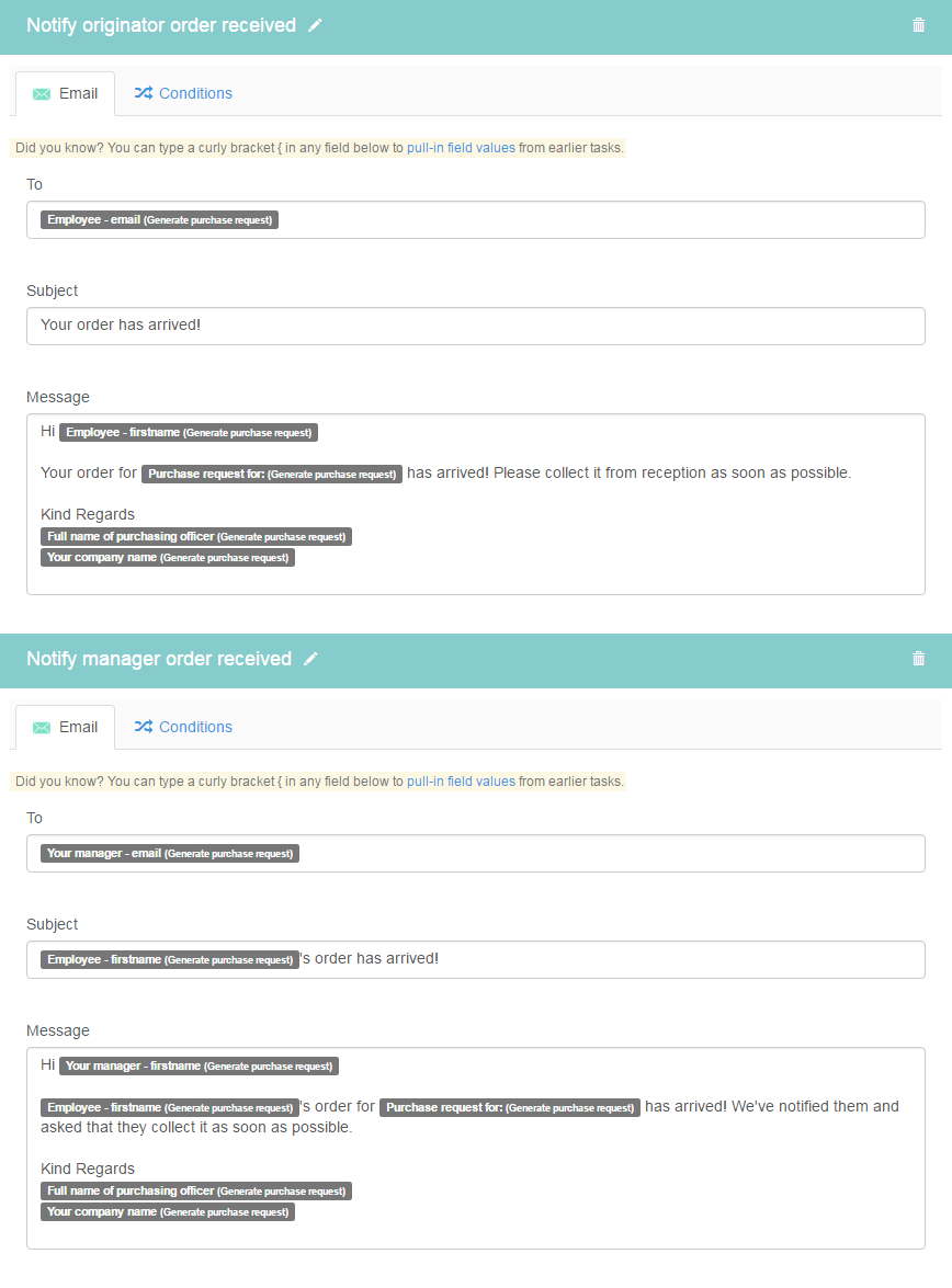 Notify originator order received and Notify manager order received